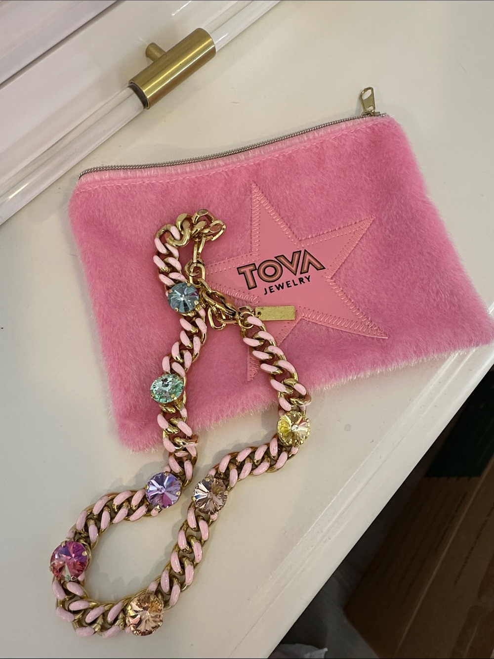 TOVA Gold & Pink Chain Necklace with Multicolor Crystal Accents